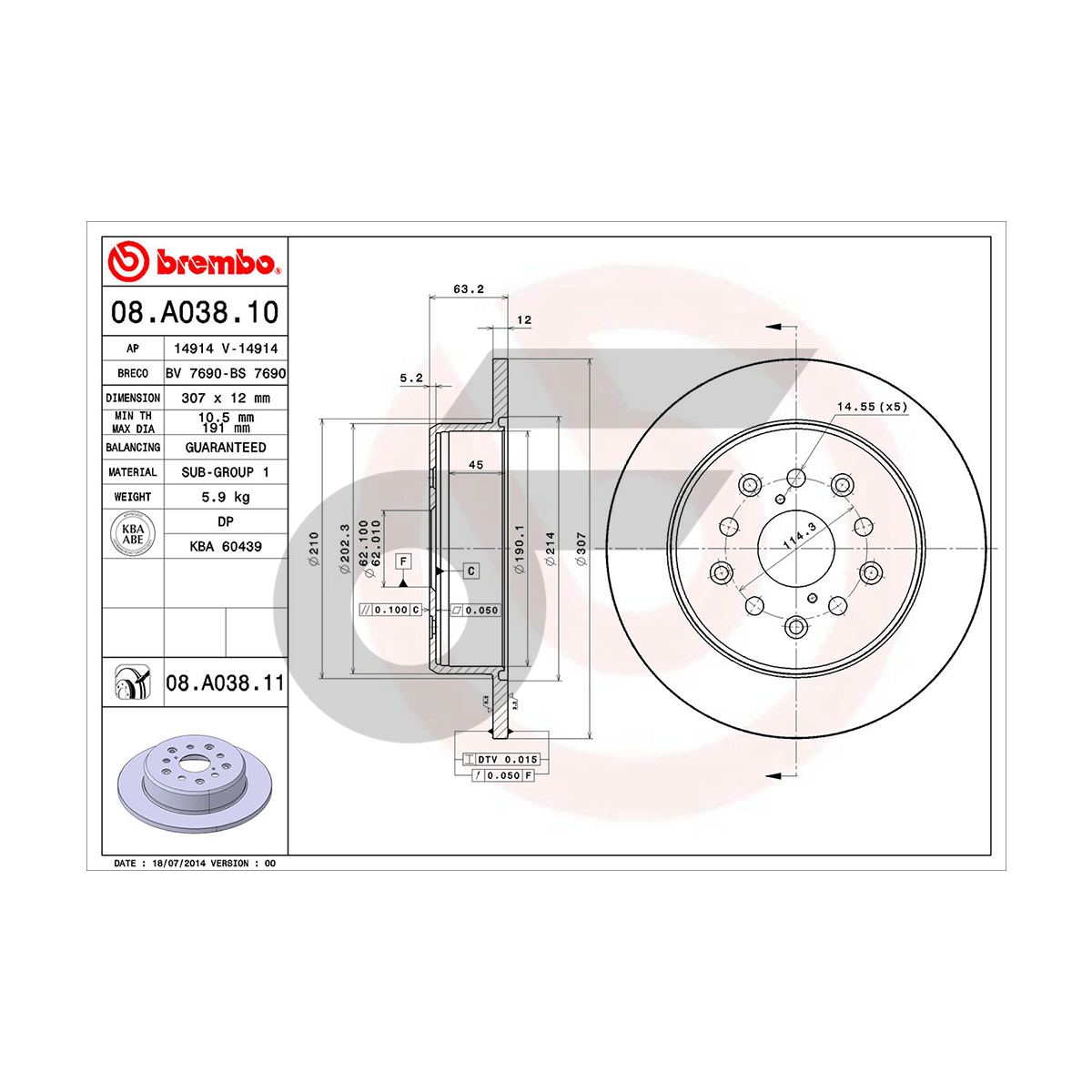 BREMBO จานเบรคหลังแบบเคลือบ UV กันสนิม IS200, GS300 ปี97-ON |307MM. 5รู
