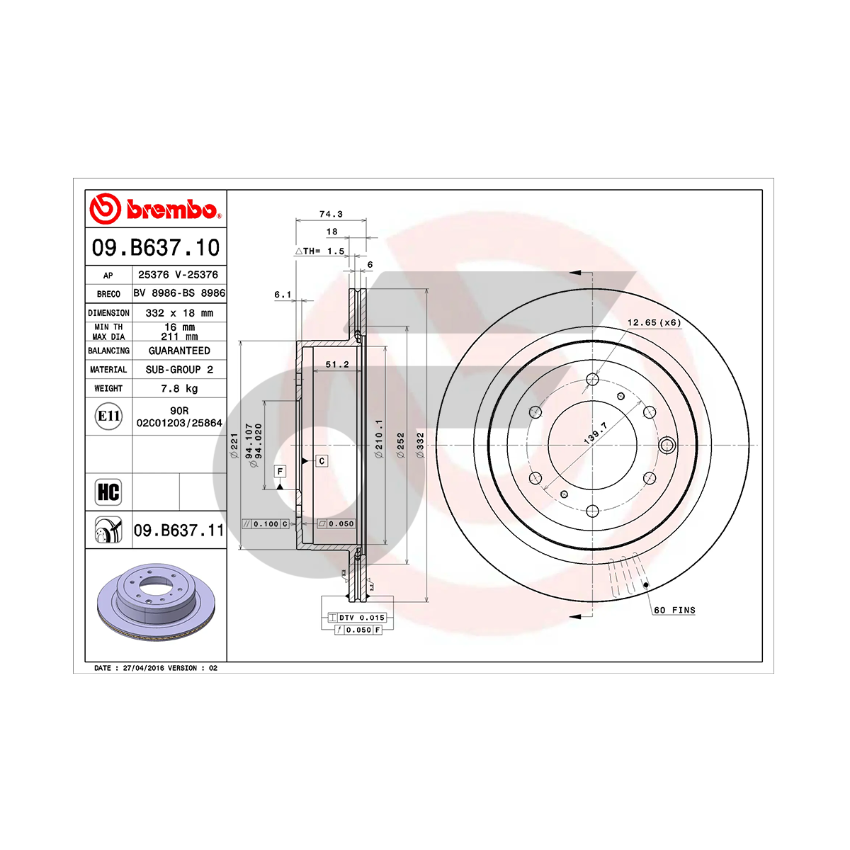 BREMBO จานเบรคหลัง PAJERO IV V80 V90 V97W 3.0 3.2 ปี06-ON |332MM. 6รู