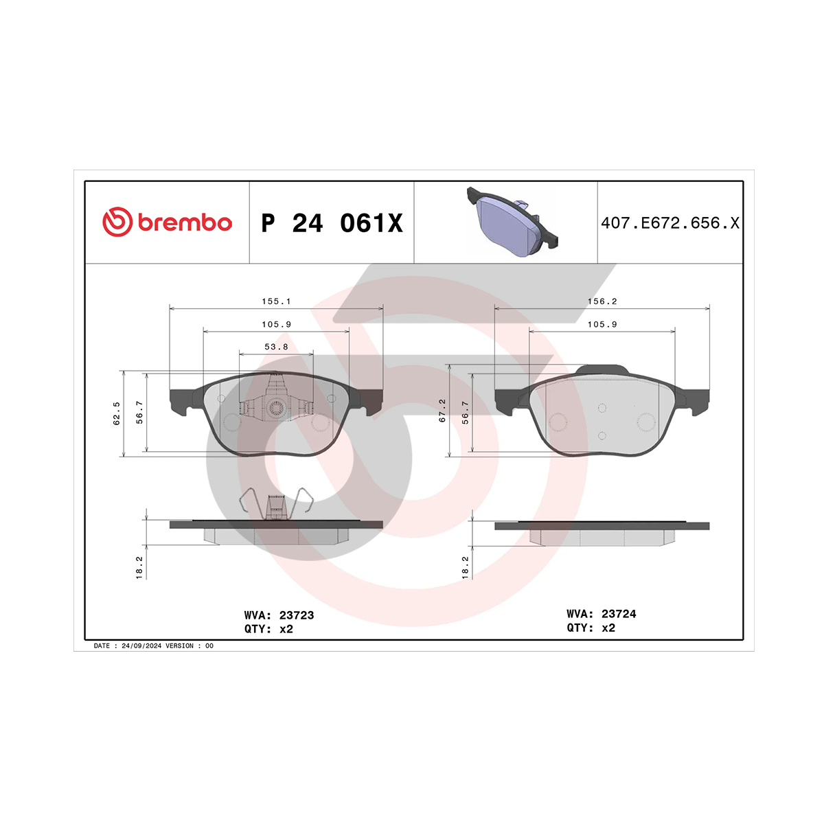 BREMBO ผ้าเบรคหน้า FOCUS (1.6 1.8 2.0), ECO SPORT ปี05-11, '12-ON, MAZDA 3 BK BL (1.6 2.0) ปี05-13