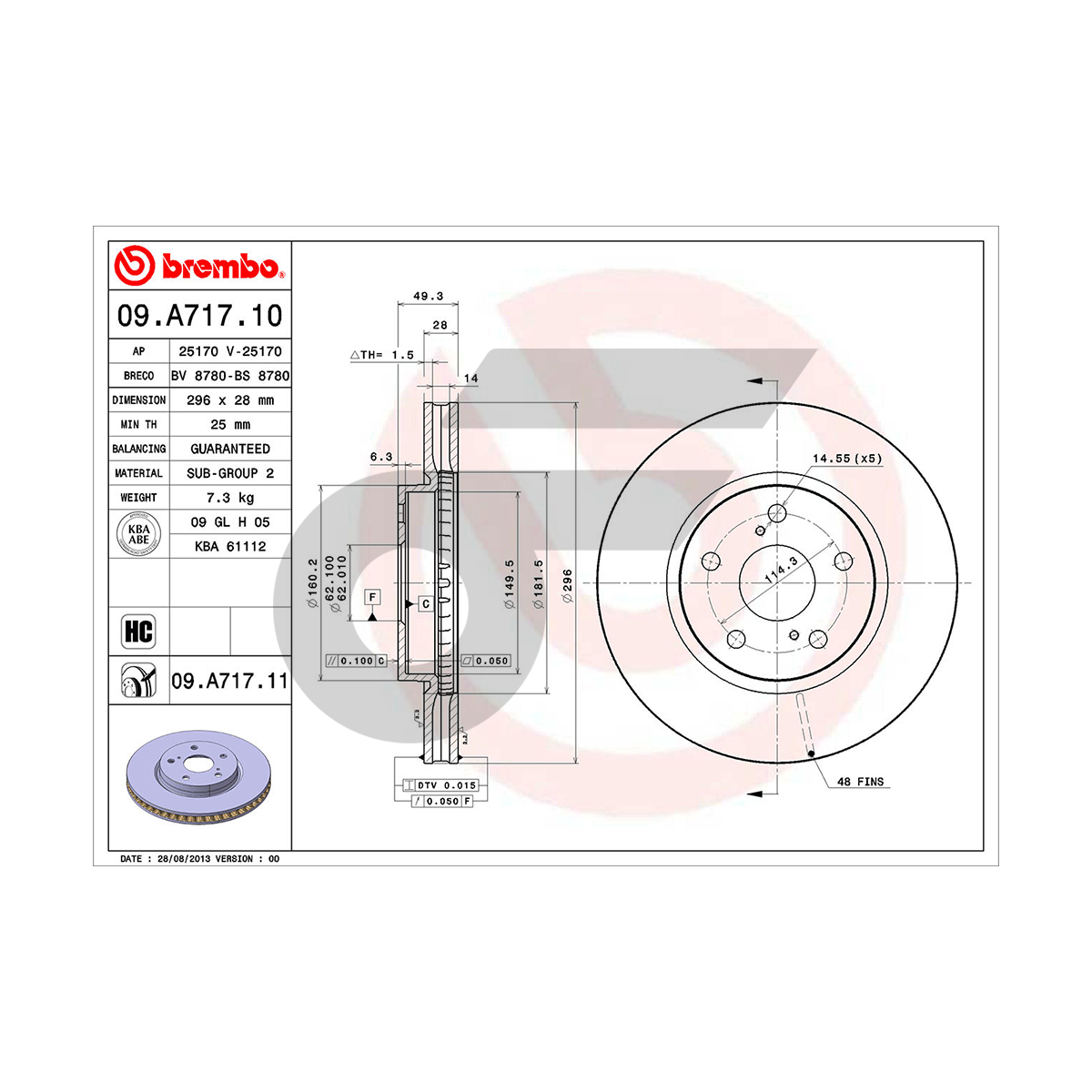 BREMBO จานเบรคหน้า IS250 2.5 HC ปี05-12, IS300H 2.5 HC ปี13-ON |296MM. 5รู