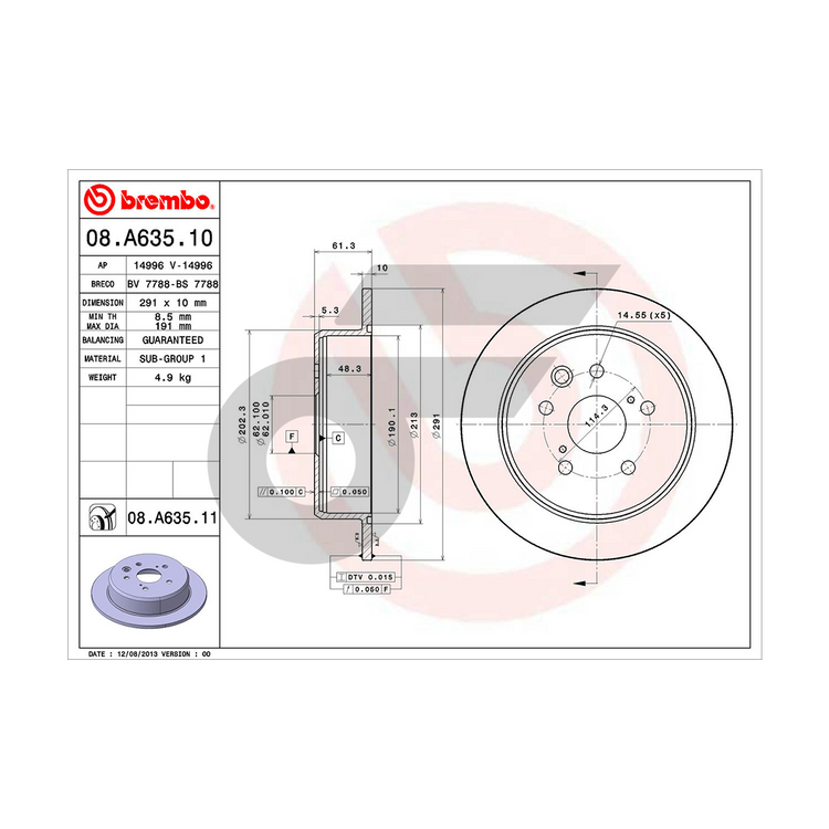 BREMBO จานเบรคหลัง IS250 ปี05-13, 250 300H ปี13 | 291 MM. 5รู