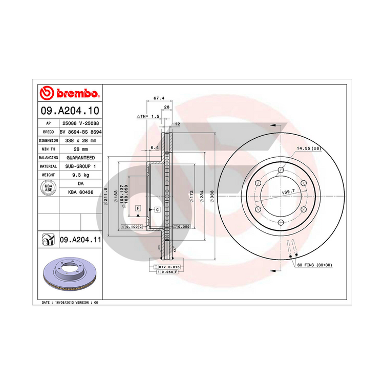 BREMBO จานเบรคหน้า FORTUNER ปี15, PRADO KDJ12 GRJ12 | 338 MM. 6รู