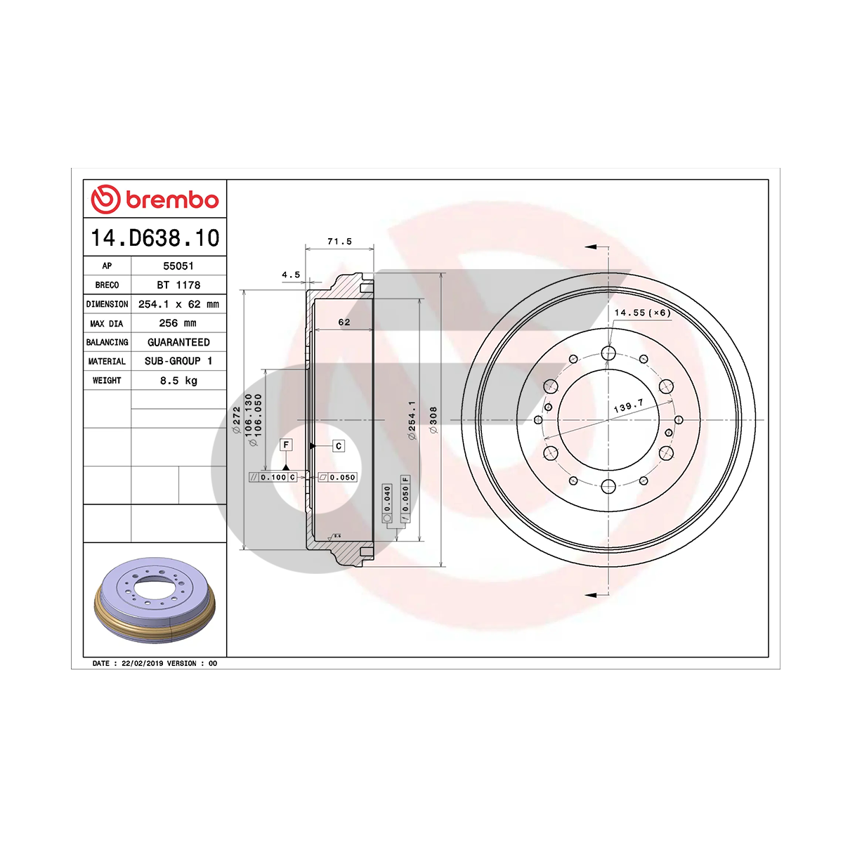BREMBO จานเบรคหลัง COMMUTER D4D KDH200-223 ปี05-12 | 254 MM. 6รู