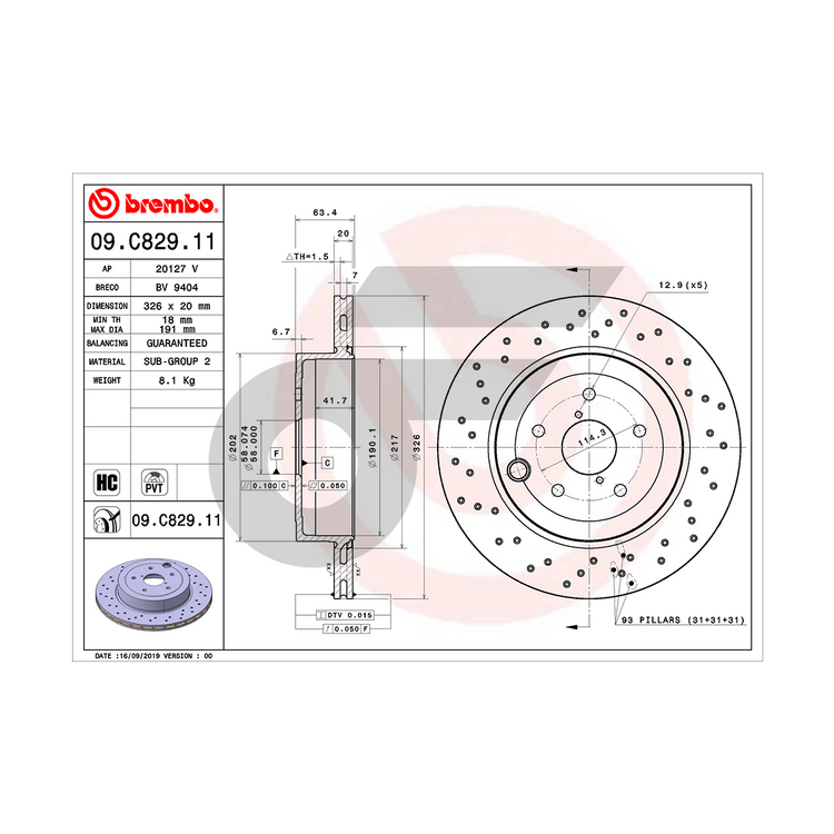 BREMBO จานเบรคหลัง WRX 2.5 STI AWD (GJ) ปี11-ON | 326 MM. 5รู