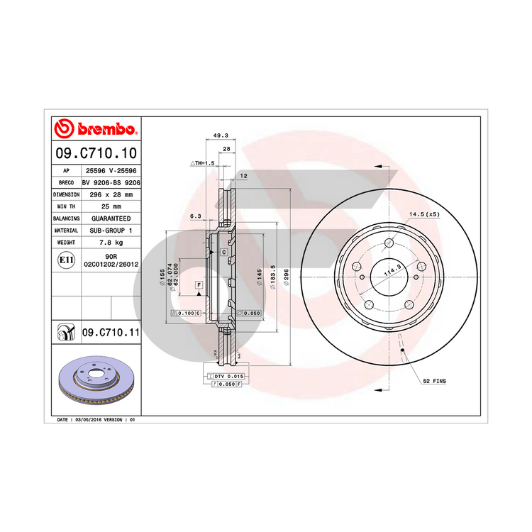 BREMBO จานเบรคหน้า ALPHARD II ปี09-14, ALPHARD III ANH30 ปี15 | 296 MM. 5รู