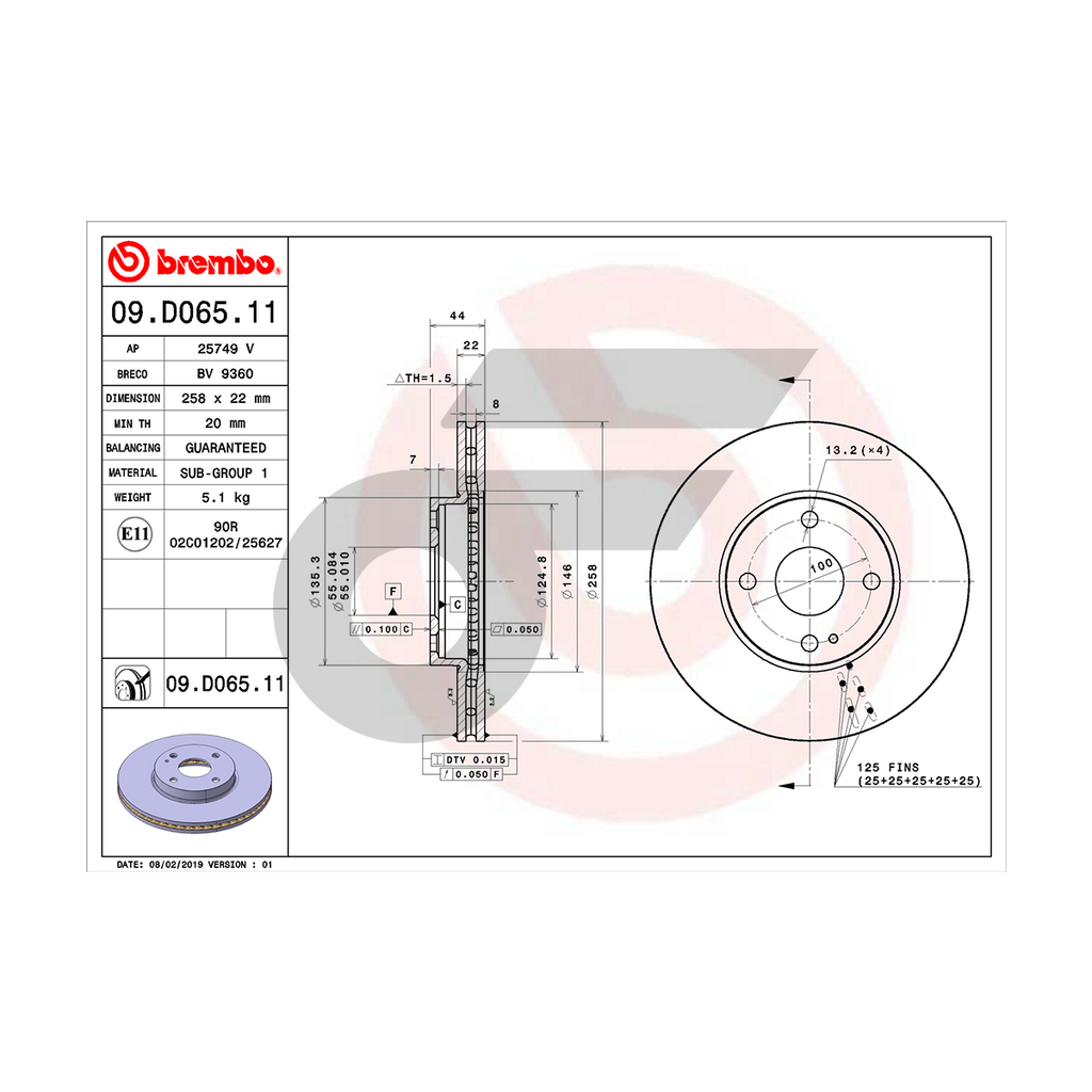 BREMBO จานเบรคหน้า MAZDA 2 1.3L 1.5D SKYACTIV ปี14, MX-5 ND ปี15 | 257.5 MM. 4รู