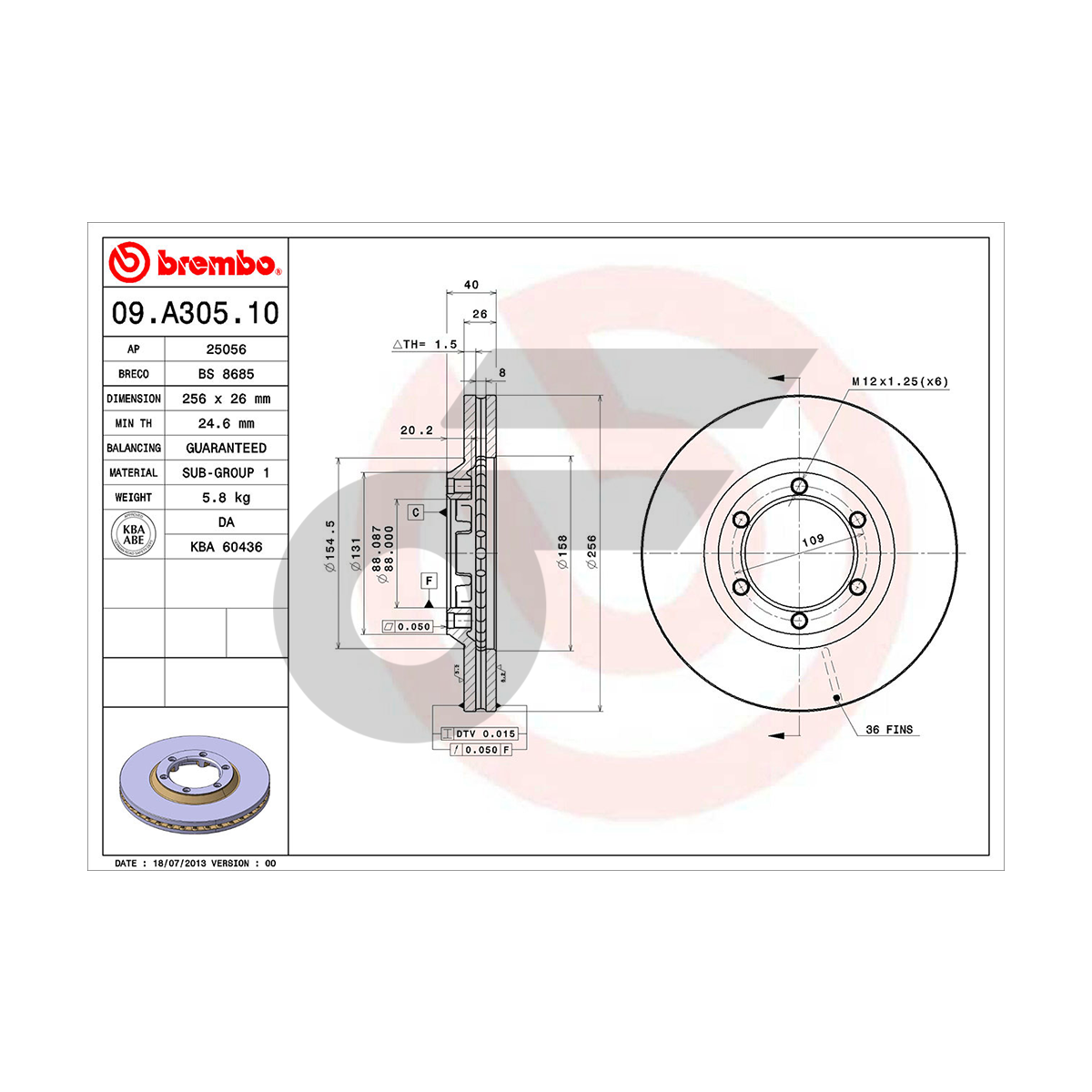 BREMBO จานเบรคหน้า COLORADO 2WD เตี้ย ปี02-ON, DMAX 2WD, GOLD 2WD ปี07-12, PLATINUM 2WD ปี02-ON |256MM. 5รู