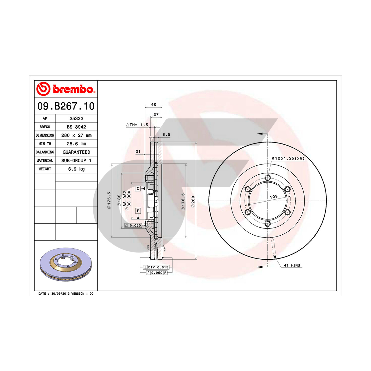 BREMBO จานเบรคหน้า COLORADO 2WD 4WD สูง ปี02-ON, NEW COLORADO เตี้ย ปี12-ON, DMAX 4WD, GOLD 4WD ปี07-12, PLATINUM 4WD, MU-7 ปี02-ON, ALL NEW DMAX 2WD HI-LANDER ยกสูง 1.9 DDI ปี12-ON |280MM. 5รู