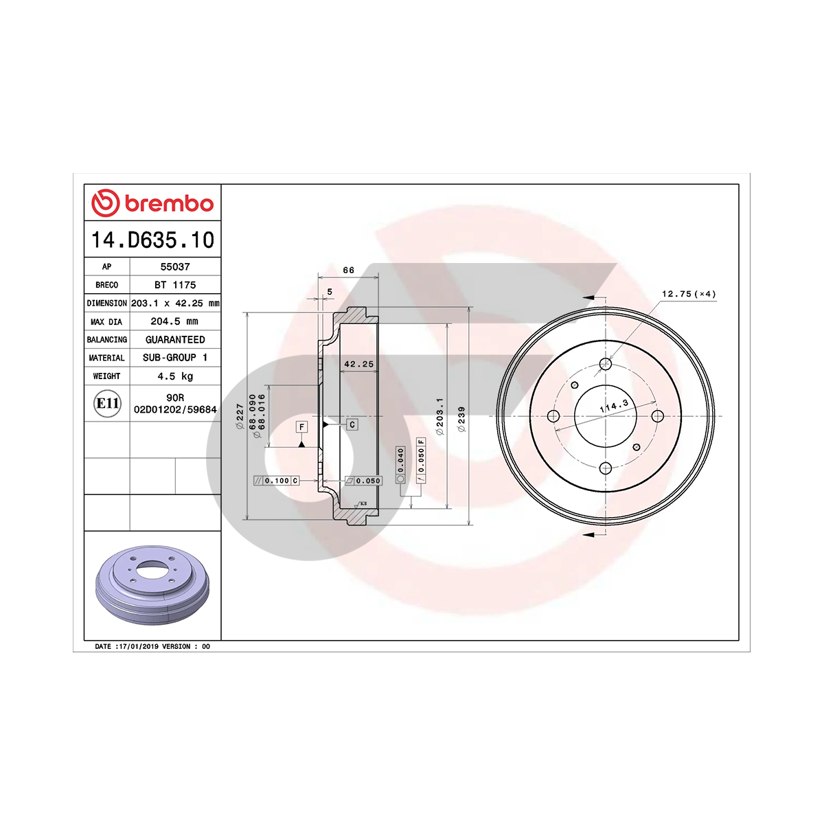 BREMBO จานเบรคหลัง TIIDA ปี06 | 203.1 MM. 4รู