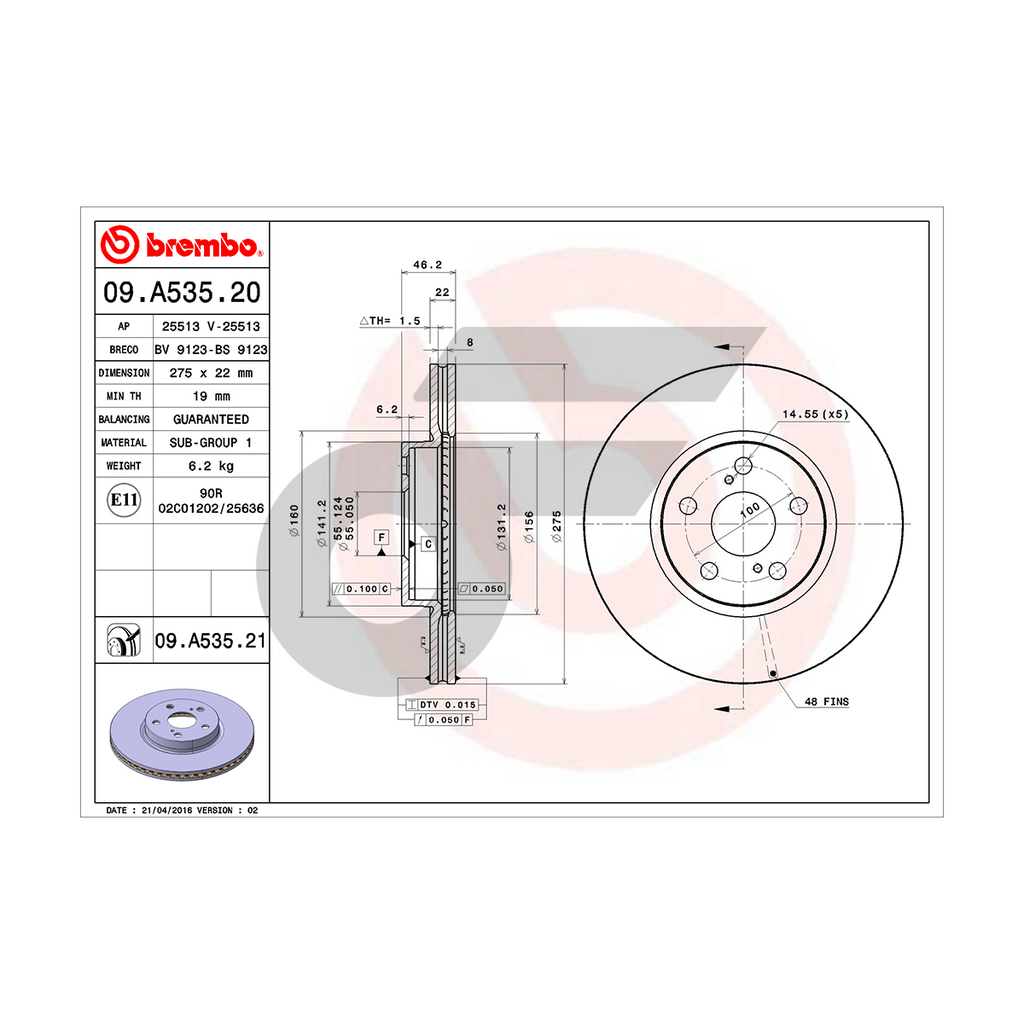 BREMBO จานเบรคหน้า ALTIS DUAL ปี08 ปี13, SIENTA ปี16 | 275 MM. 5รู