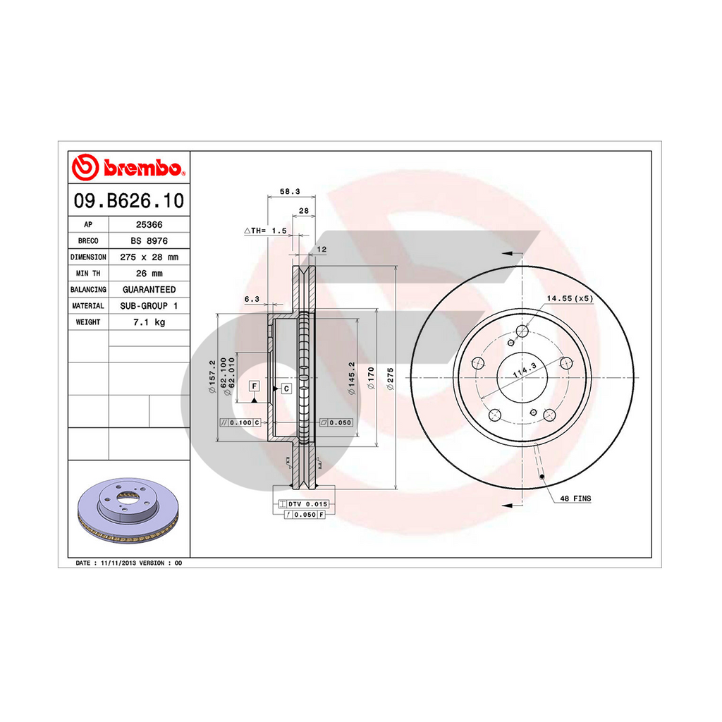 BREMBO จานเบรคหน้า VIGO SMART ปี08, REVO 2WD | 275 MM. 5รู