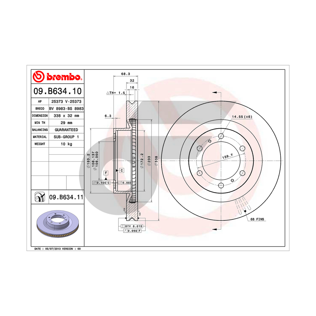 BREMBO จานเบรคหน้า LAND CRUISER 150 ปี09 LEXUS GX , | 338 MM. 6รู