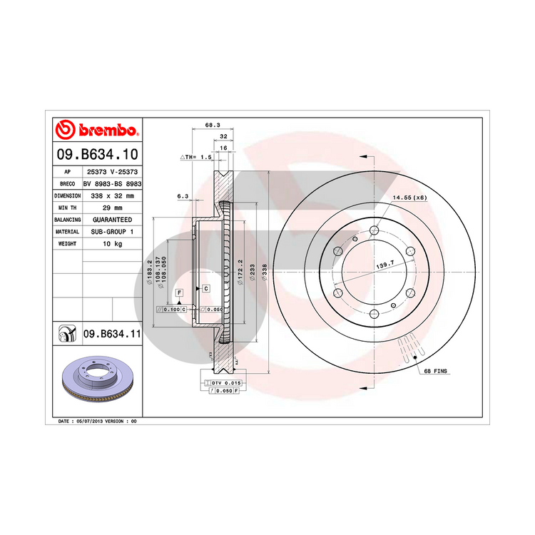 BREMBO จานเบรคหน้า LAND CRUISER 150 ปี09 LEXUS GX , | 338 MM. 6รู