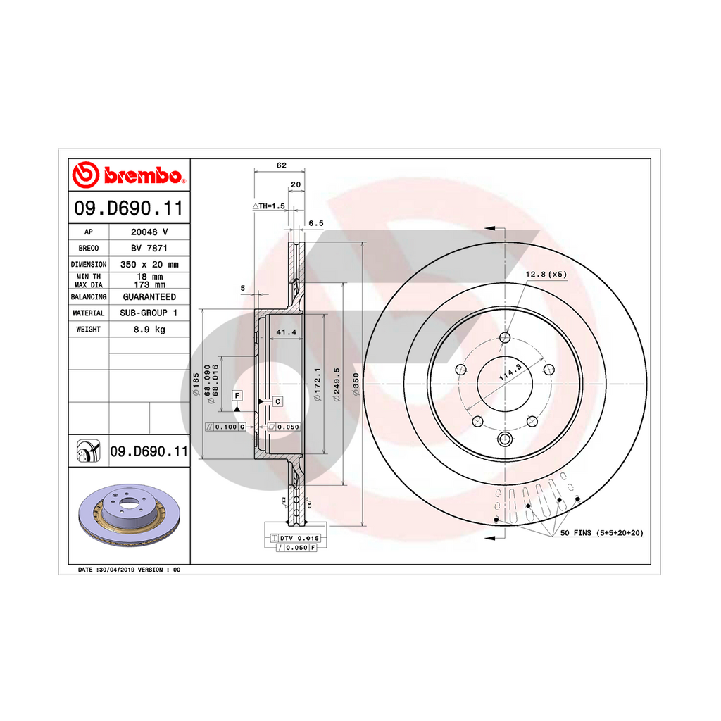 BREMBO จานเบรคหลัง NISSAN 370Z Z34 ROADSTER | 350 MM. 5รู