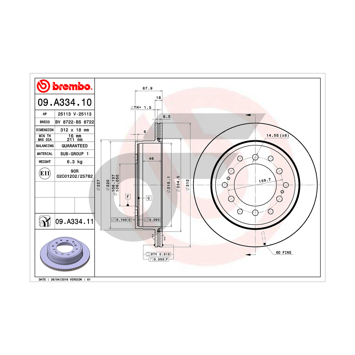 BREMBO จานเบรคหลัง FORTUNER TRD '16-> CENTER HUB 106 MM ปี15-ON, LAND PRADO KDJ12 GRJ12 CENTER HUB 106 MM ปี02-10 |312MM. 6รู