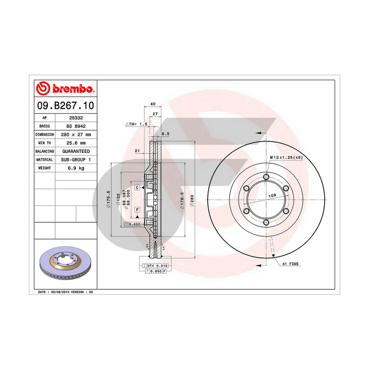 BREMBO จานเบรคหน้า DMAX 4WD ปี02, 2WD ปี12, COLORADO | 280 MM. 6รู