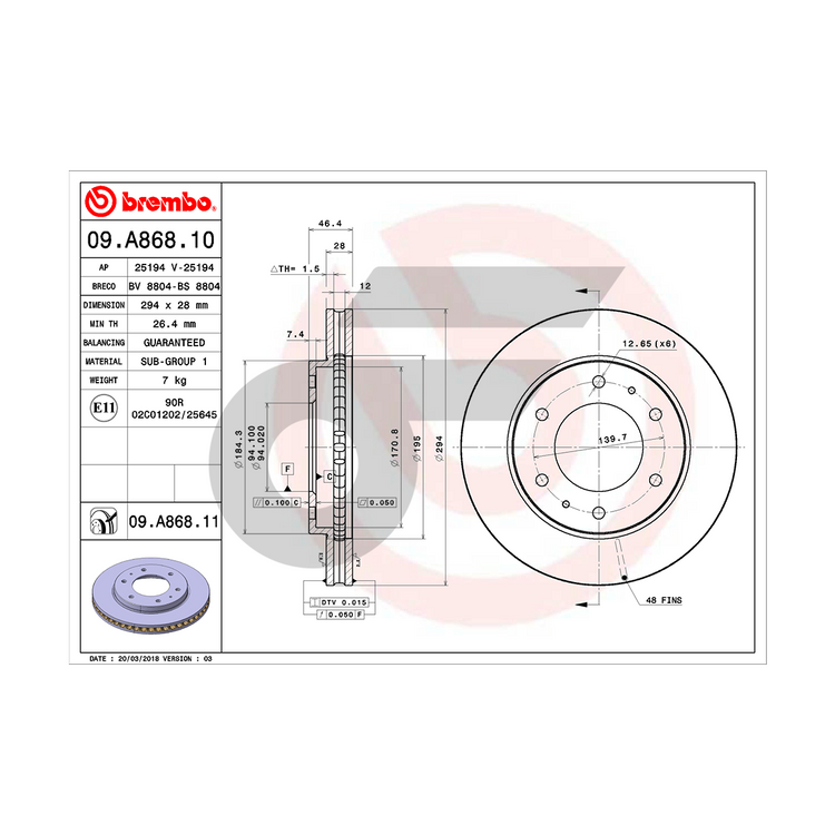 BREMBO จานเบรคหน้า TRITON 4WD ปี05, 4WD ปี15, PAJERO ปี08 | 294 MM. 6รู