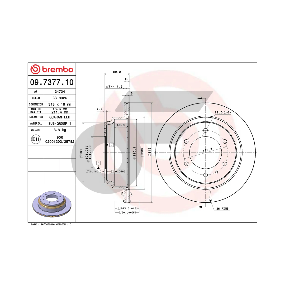 BREMBO จานเบรคหลัง TROOPER 3.2L | 313 MM. 6รู
