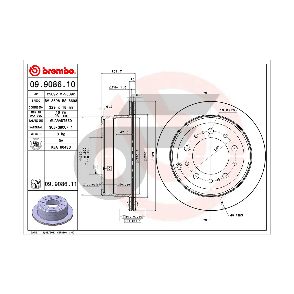 BREMBO จานเบรคหลัง LAND CRUISER 100 ปี98-07 | 329 MM. 5รู
