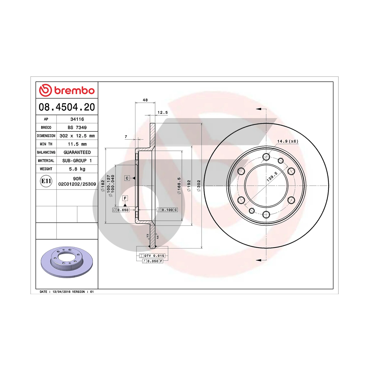 BREMBO จานเบรคหน้า HILUX YN106 4WD | 302 MM. 6รู