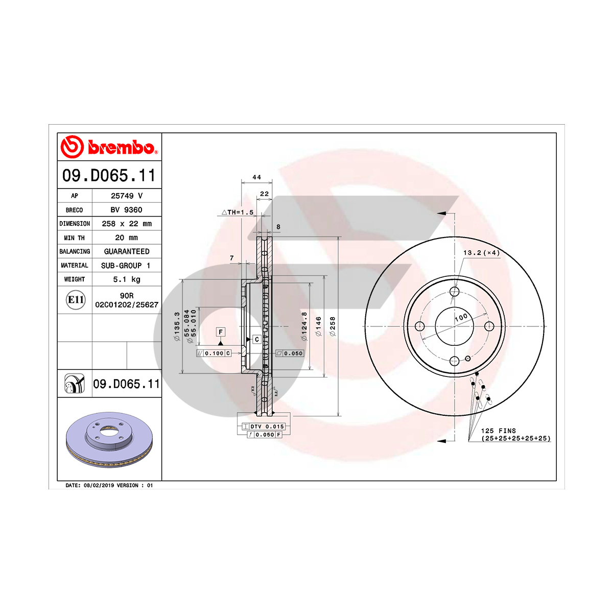 BREMBO จานเบรคหน้า MAZDA 2 SKY DJ DL 1.3 1.5D ปี14-ON |257.5MM. 5รู