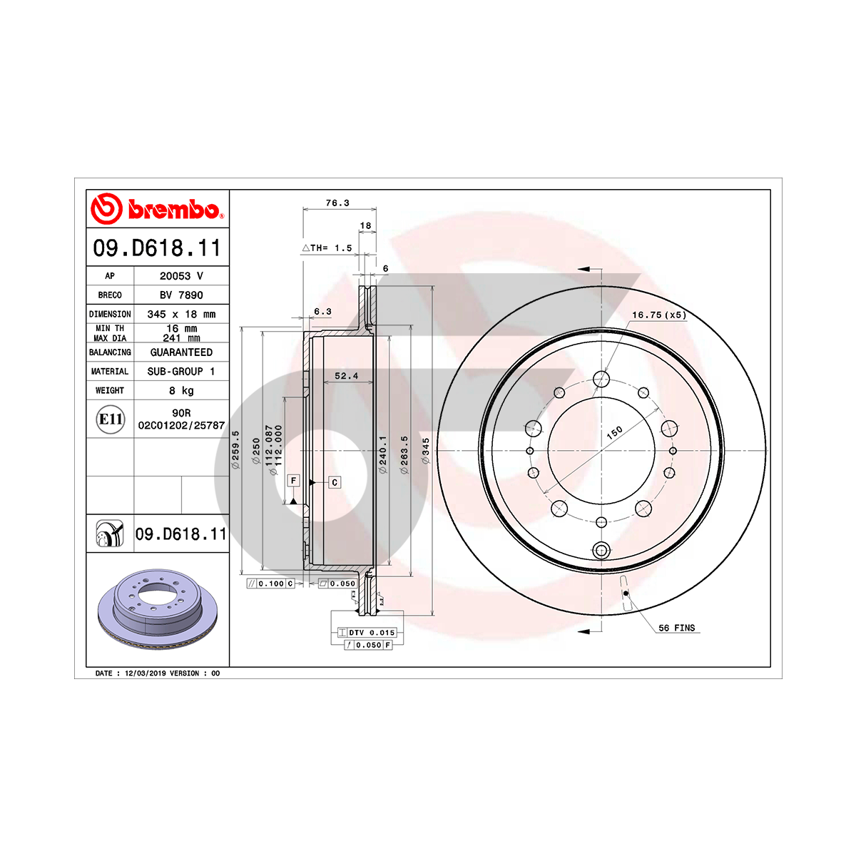 BREMBO จานเบรคหลัง LAND CRUISER 200 4.5D 4.6 4.7 V8 ปี07-ON, LX570 URJ201 |345MM. 5รู