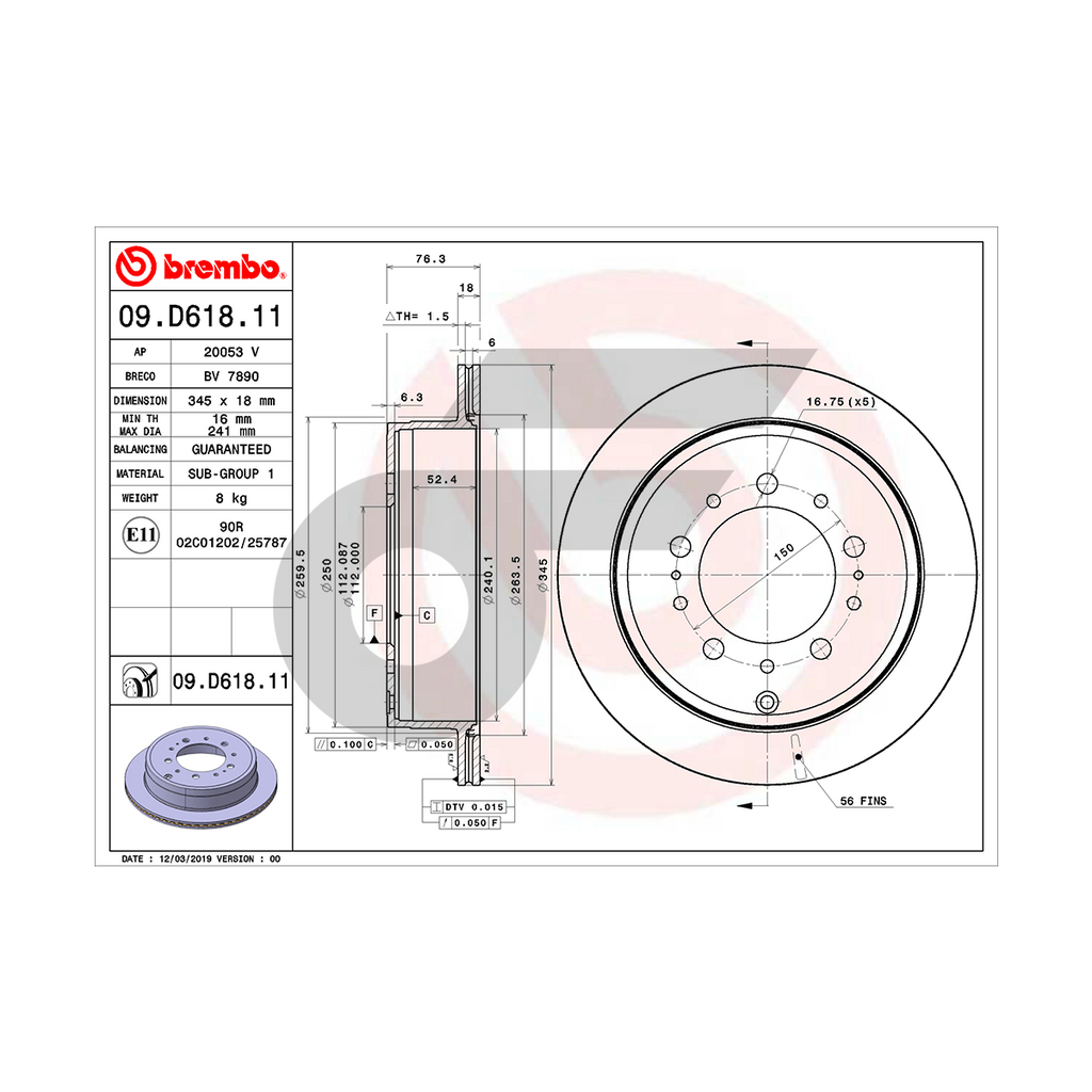 BREMBO จานเบรคหลัง LX (URJ201) ปี07, LAND CRUISER200 ปี07 | 345 MM. 5รู