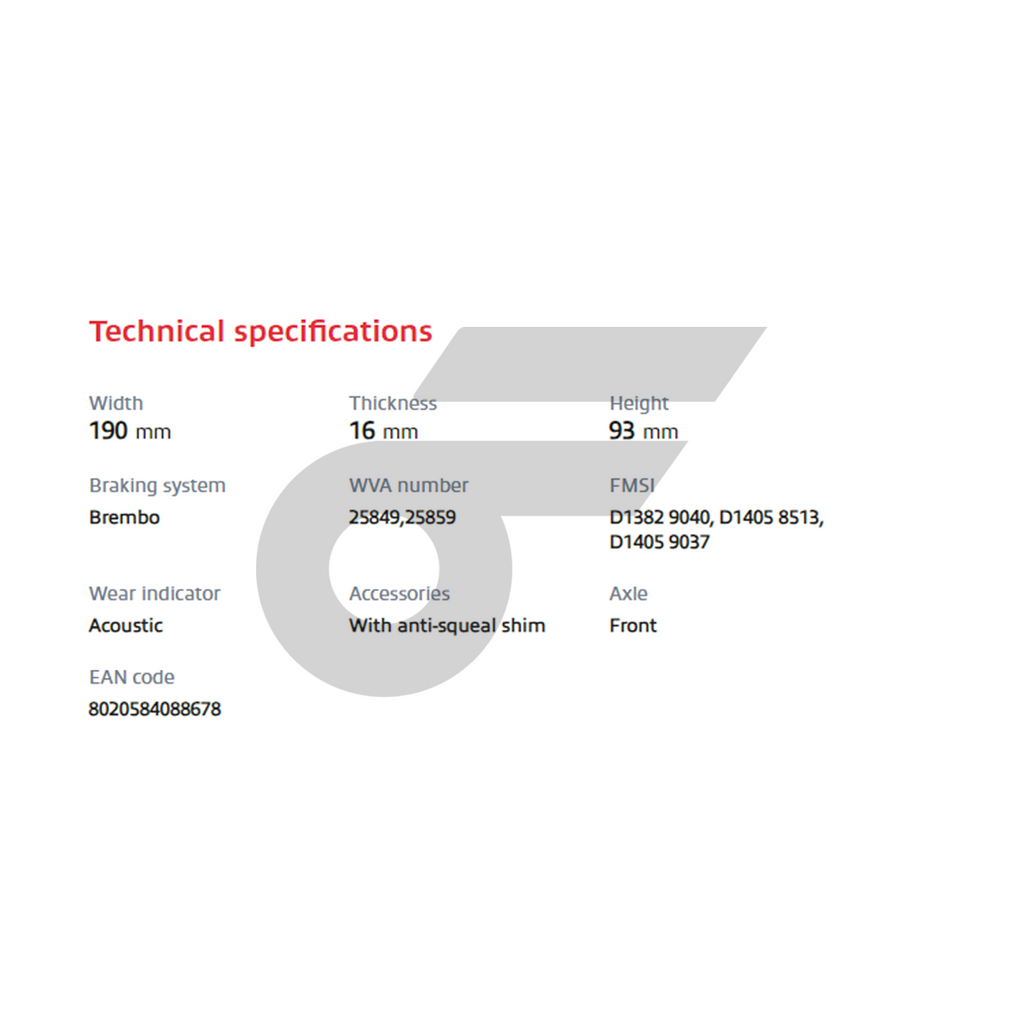 BREMBO ผ้าเบรคหน้า CAMARO 2.0/6.2 ปี16-ON, GT-R (R35) 3.8 V6 ปี07-ON