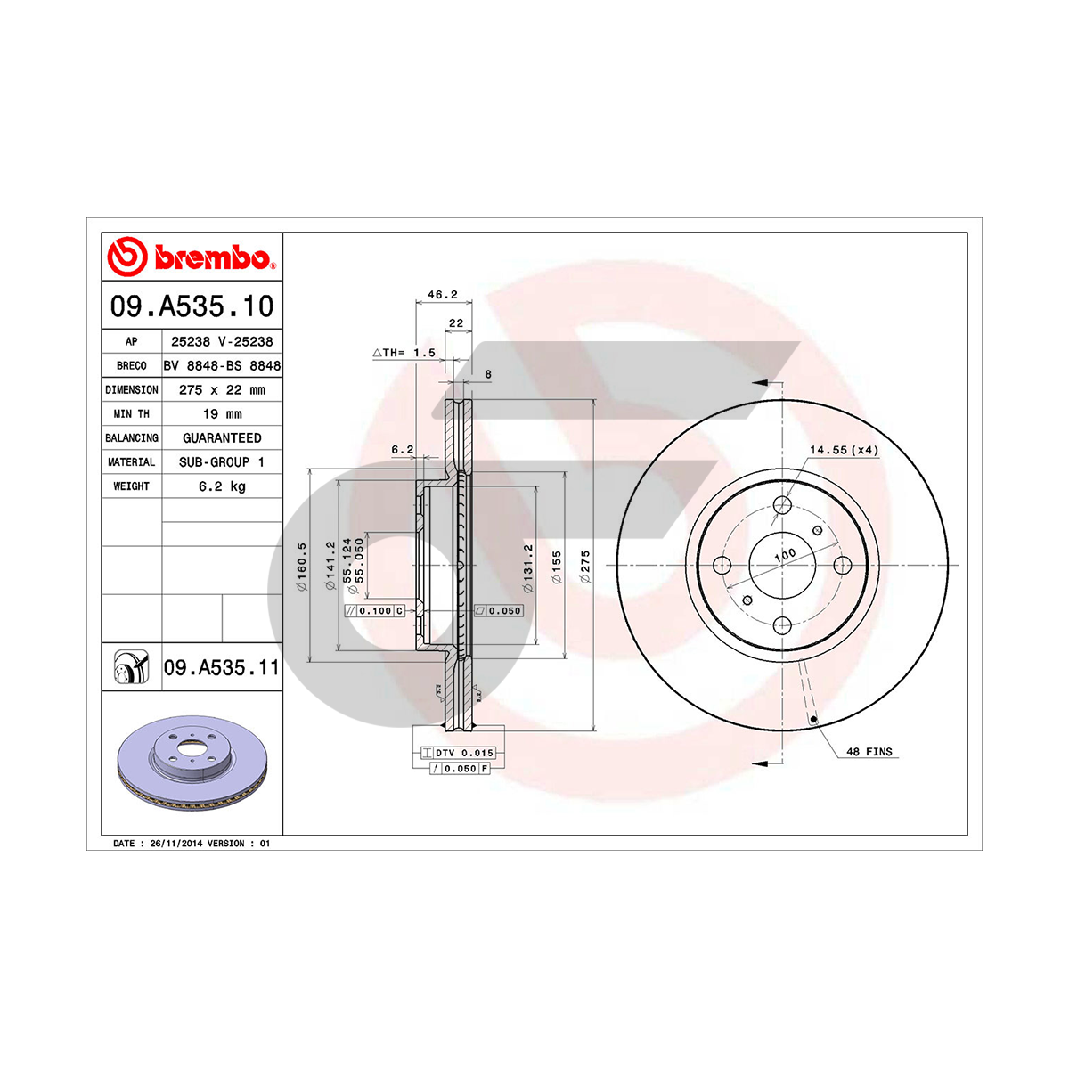 BREMBO จานเบรคหน้า VIOS NCP93 ปี07-13, YARIS S 1.5 NCP91 ปี05-13 |275MM. 5รู