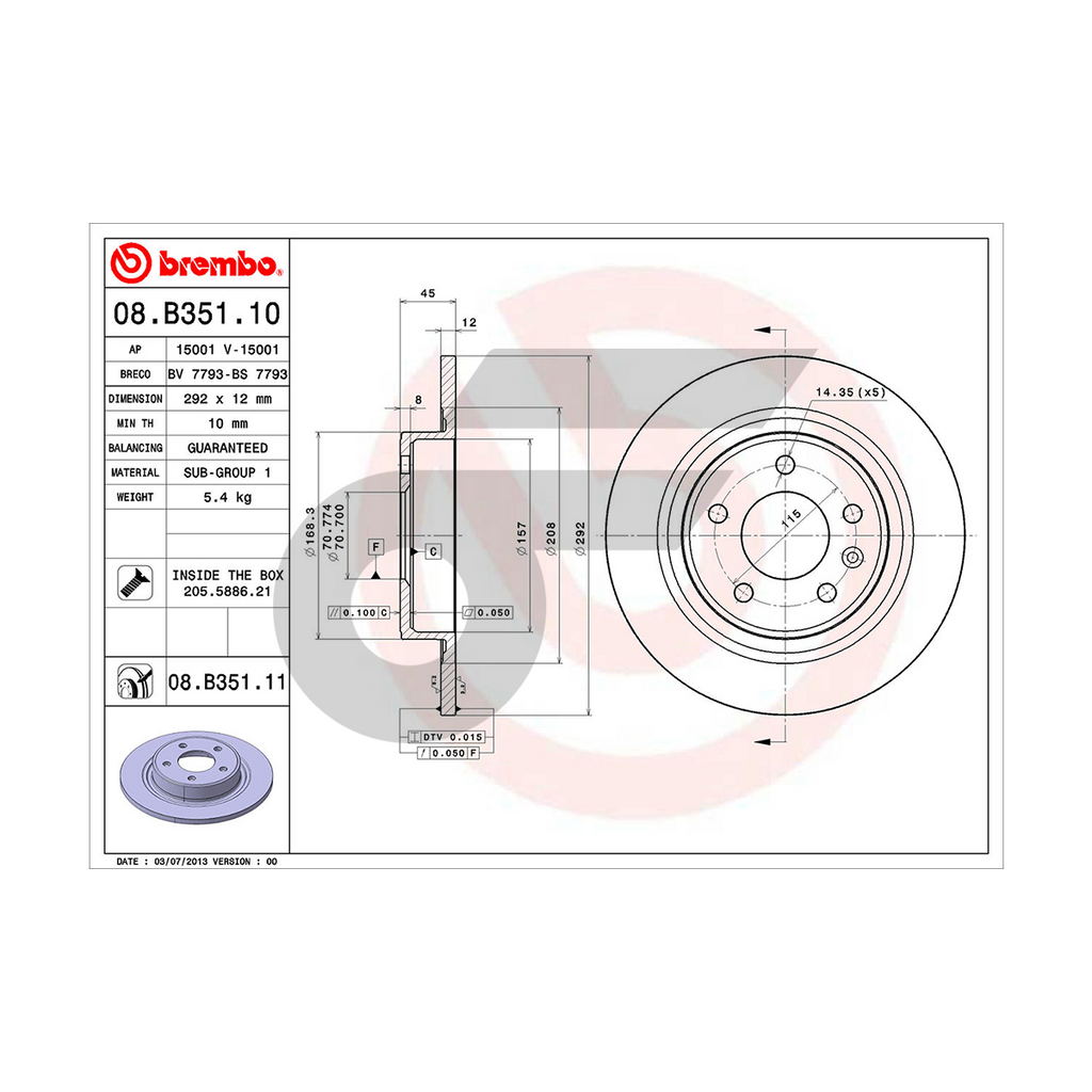 BREMBO จานเบรคหลัง CRUZE 2.0L ปี10 | 292 MM. 5รู