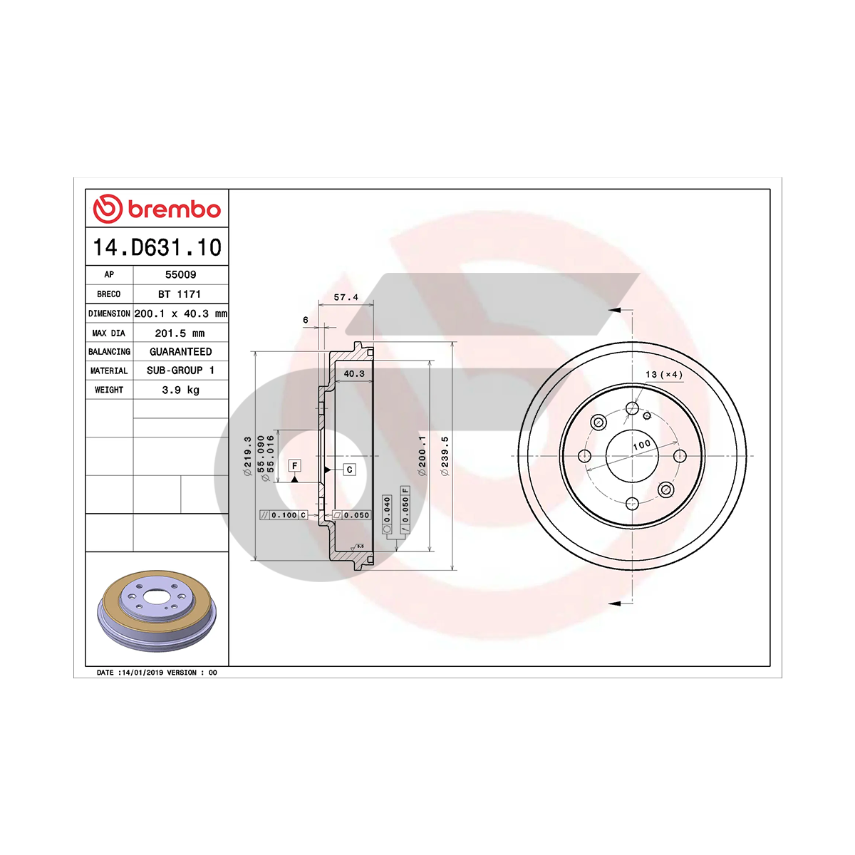 BREMBO จานเบรคหลัง MAZDA 2, FIESTA ปี10 | 200 MM. 4รู