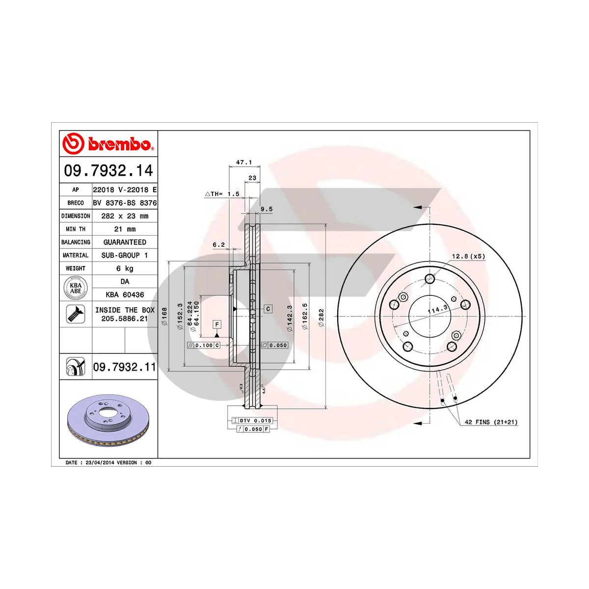 BREMBO จานเบรคหน้า ACCORD ปี03, SPADA | 282 MM. 5รู