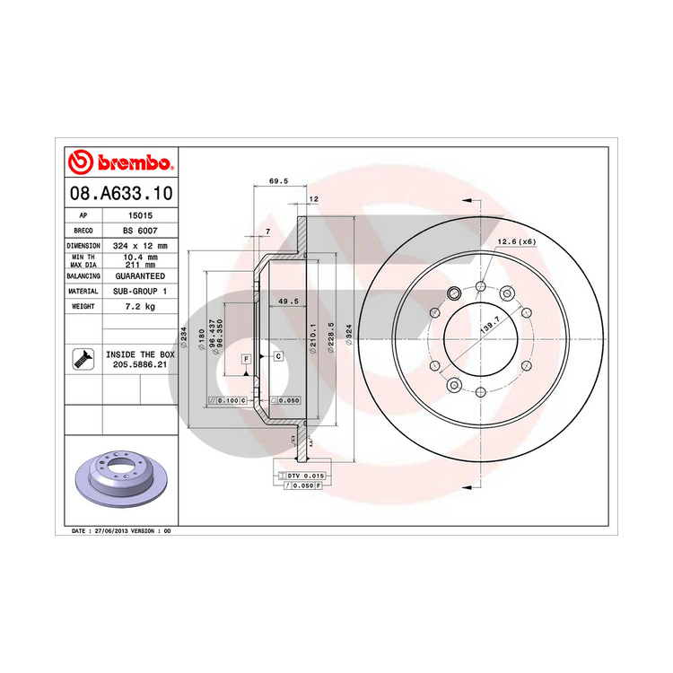 BREMBO จานเบรคหลัง GRAND CARNIVAL (2.7V6) ปี06 | 324 MM. 6รู