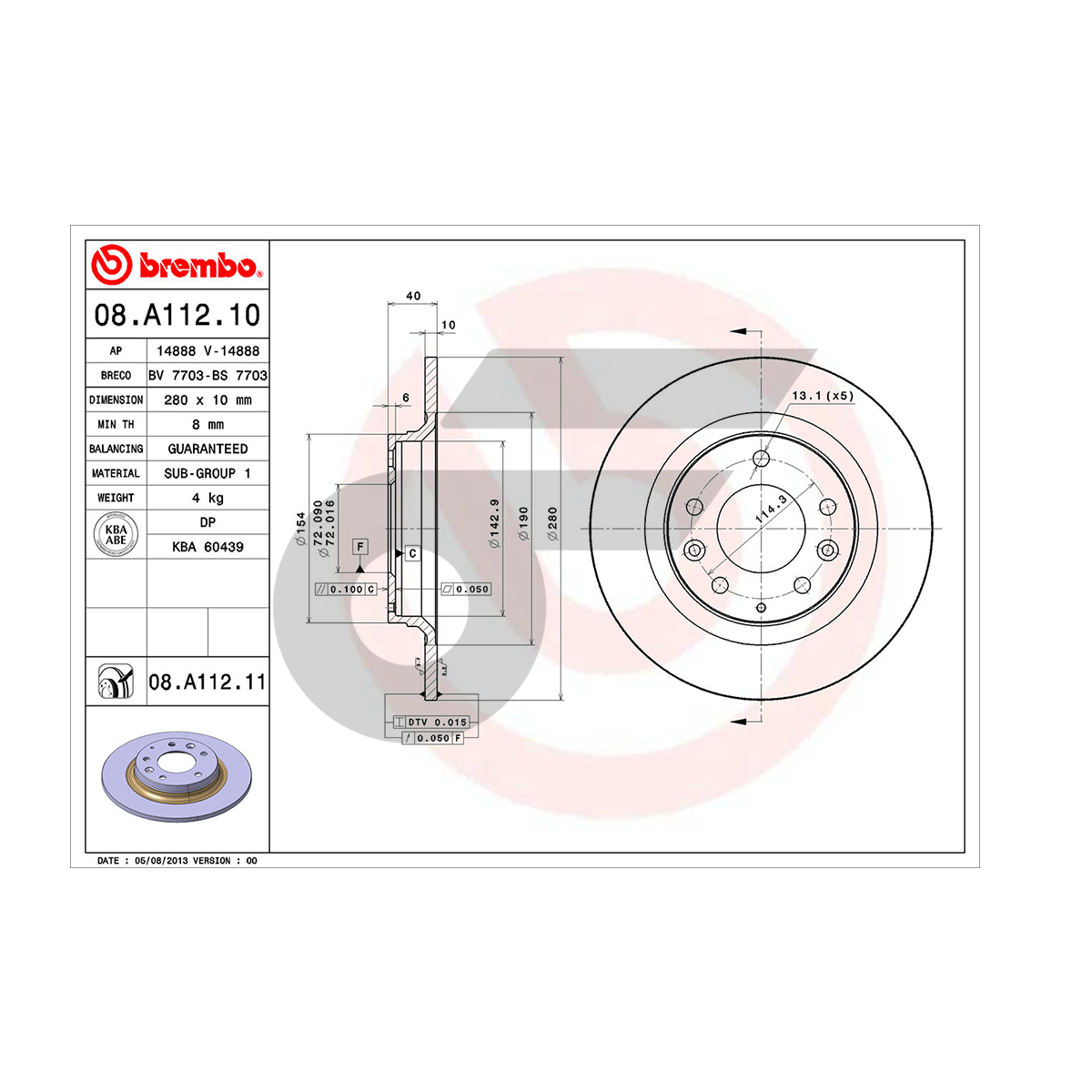 BREMBO จานเบรคหลัง MX-5 NC ปี05-14 |280MM. 5รู