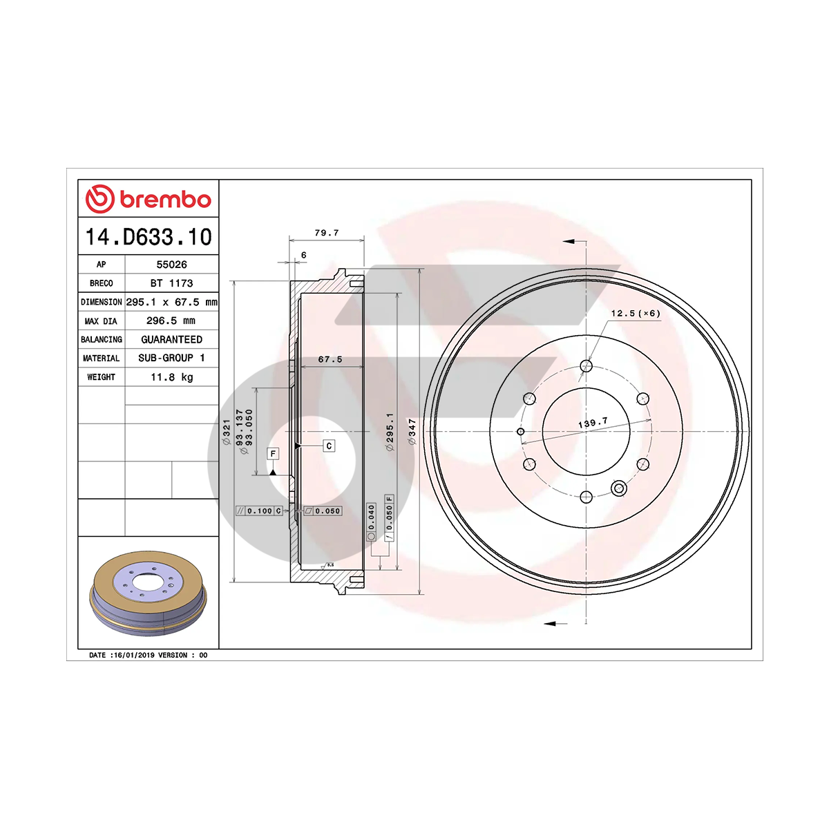 BREMBO จานเบรคหลัง BT50 4WD ปี06, BT50 PRO, RANGER T6 ปี12 | 295 MM. 6รู