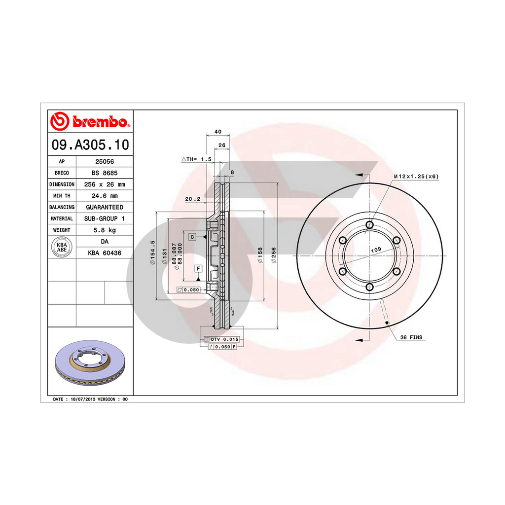 BREMBO จานเบรคหน้า DMAX 2WD ปี02, COLORADO | 256 MM. 6รู