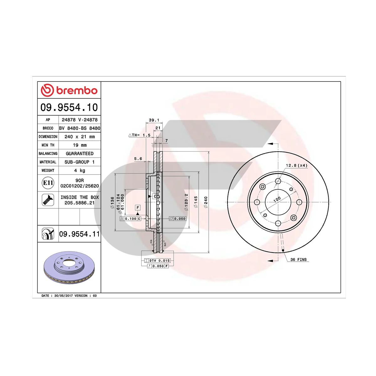 BREMBO จานเบรคหน้า JAZZ GD, CITY 1.5L ปี02 | 240 MM. 4รู