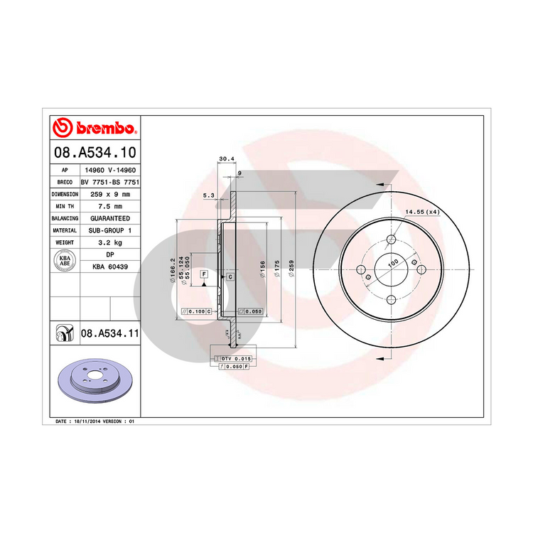 BREMBO จานเบรคหลัง VIOS YARIS ปี07, VIOS ปี13 | 259 MM. 4รู