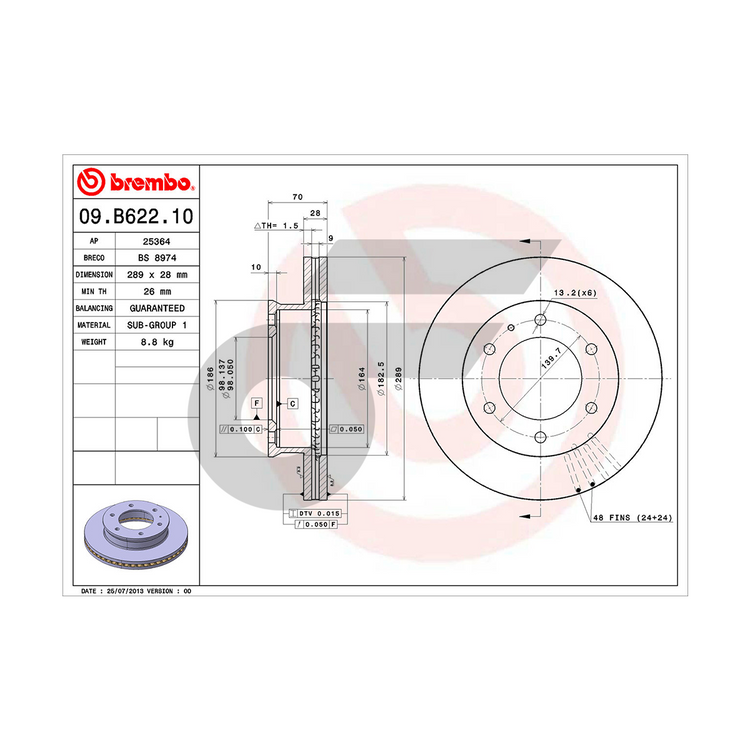 BREMBO จานเบรคหน้า BT50 4WD ปี06, RANGER | 289 MM. 6รู