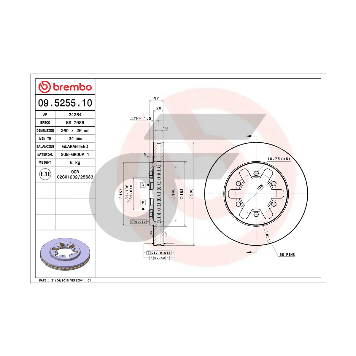 BREMBO จานเบรคหน้า BIG-M 4WD FRONTIER, URVAN E24 | 260 MM. 6รู