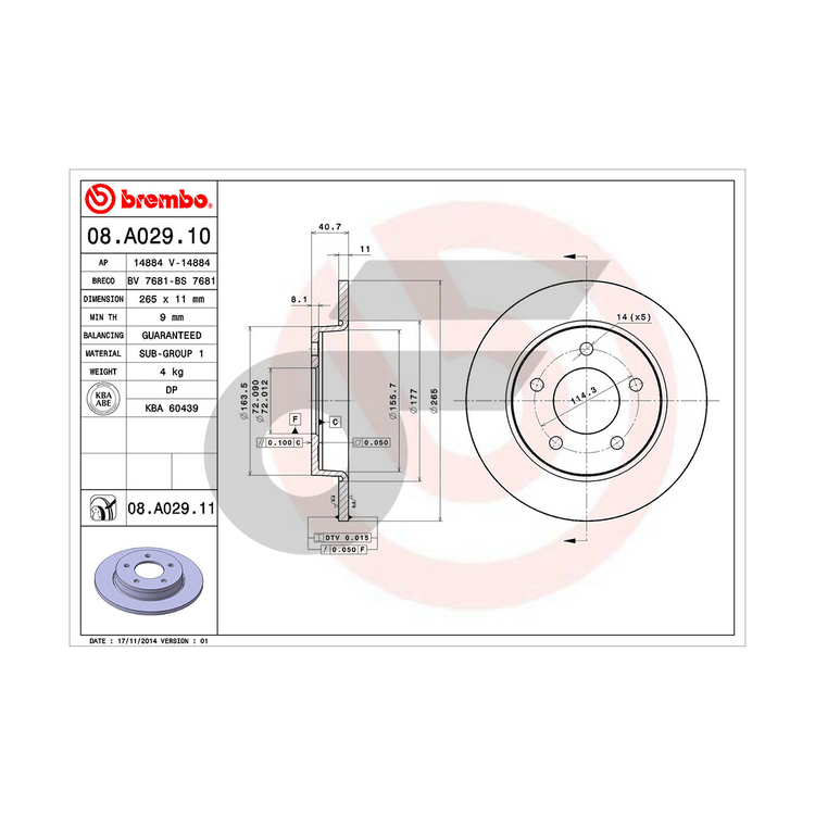 BREMBO จานเบรคหลัง MAZDA 3 BK 1.6L ปี05, BL ปี09 | 265 MM. 5รู