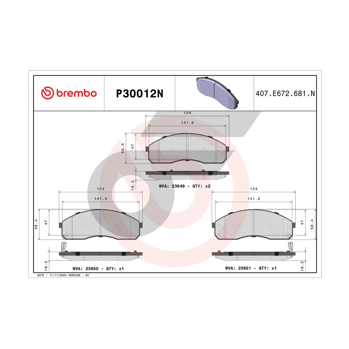 BREMBO ผ้าเบรคหน้า KIA CARNIVAL (2.0 2.4), PREGIO ปี00-ON