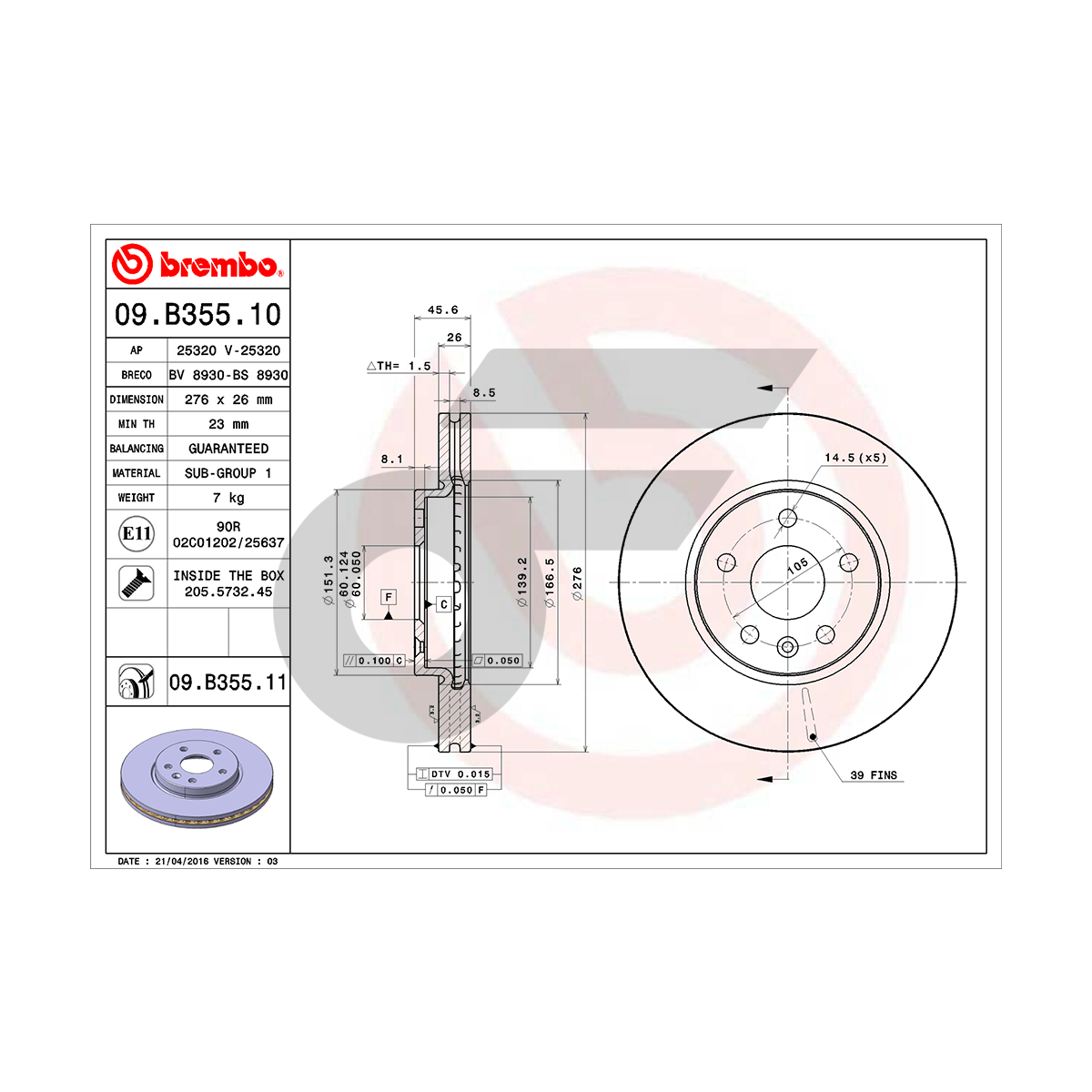 BREMBO จานเบรคหน้า CRUZE 1.6 1.8 ปี10-ON |276MM. 5รู