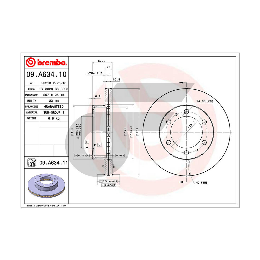 BREMBO จานเบรคหน้า VIGO FORTUNER 4WD ปี04,REVO 4WD SINGLE (ตอนเดียว) | 297 MM. 6รู