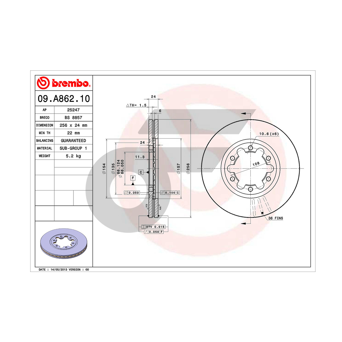 BREMBO จานเบรคหน้า RANGER 2WD ปี98-05, FIGHTER 2WD ปี98-05, BT-50 2WD ปี06-11 |256MM. 5รู