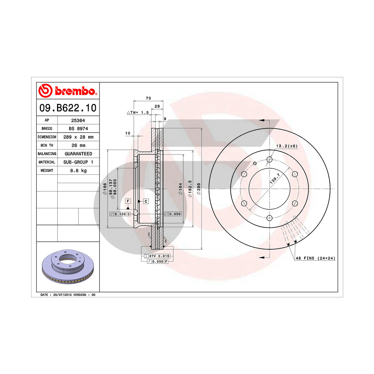 BREMBO จานเบรคหน้า EVEREST 2.5 3.0 ปี06-12, RANGER 2.5 3.0 ปี06-12, BT-50 4WD ปี06-11 |289MM. 6รู
