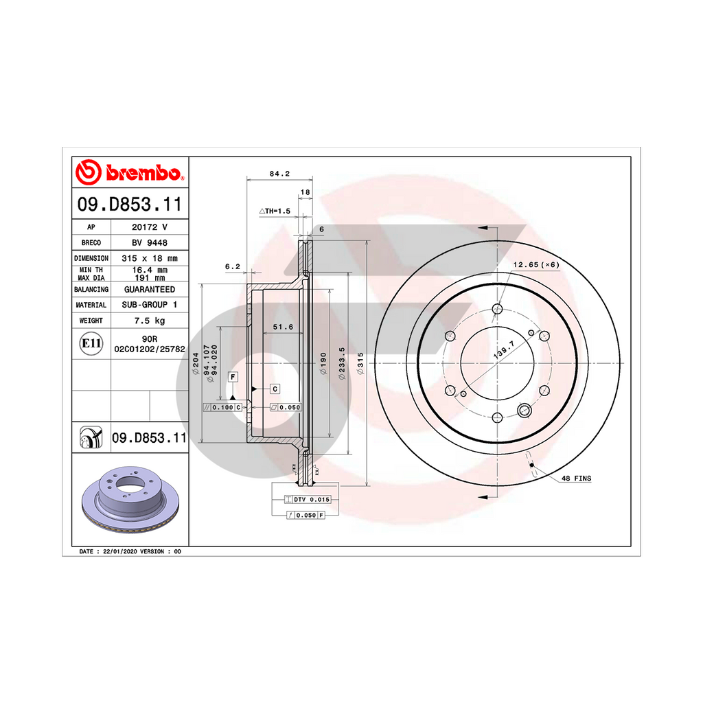 BREMBO จานเบรคหลัง PAJERO SPORT 4WD ปี15 | 315 MM. 6รู