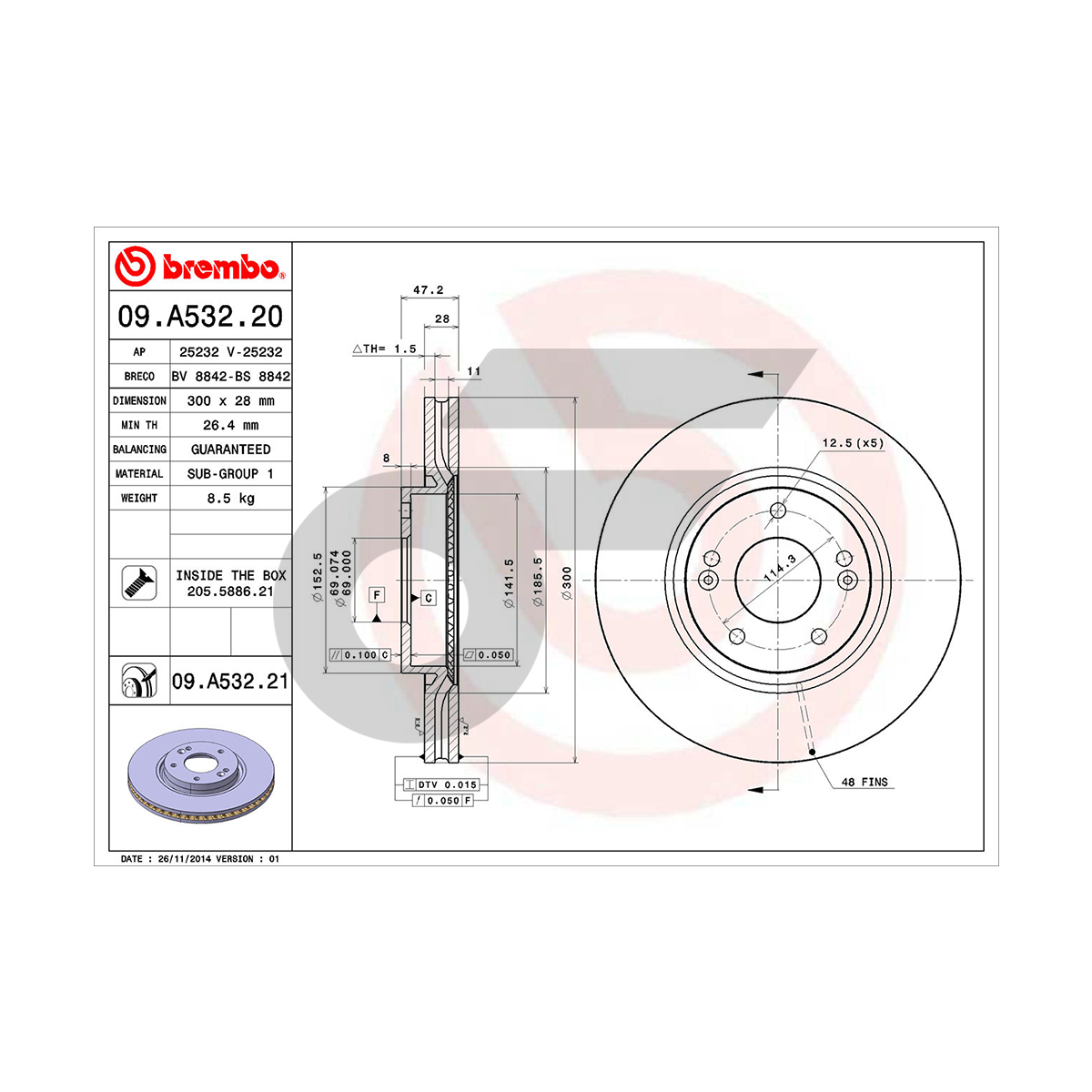 BREMBO จานเบรคหน้า VELOSTER 1.6T ปี11-17 |300MM. 5รู