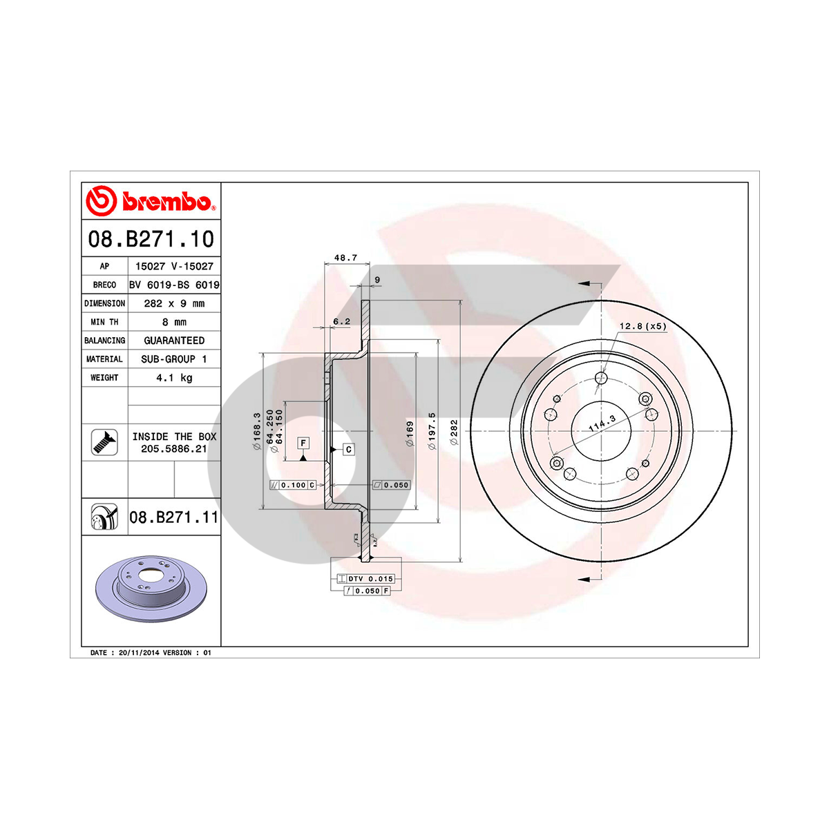 BREMBO จานเบรคหลัง ACCORD GEN8 2.0 2.4 ปี08-12, HR-V 1.8 ปี14 |282MM. 5รู