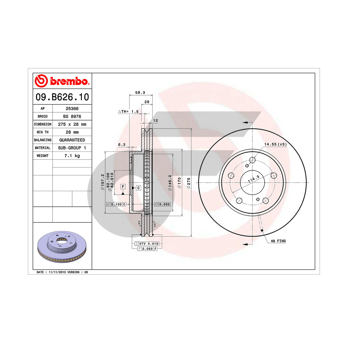 BREMBO จานเบรคหน้า VIGO SMART 2WD, VIGO CHAMP 2WD, REVO 2WD เตี้ย ปี '08-11, '11-ON, '15-ON |275MM. 5รู